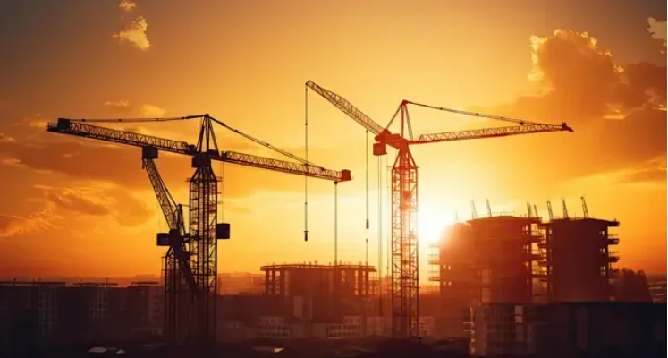 Canteiro de obras com gruas ao entardecer.